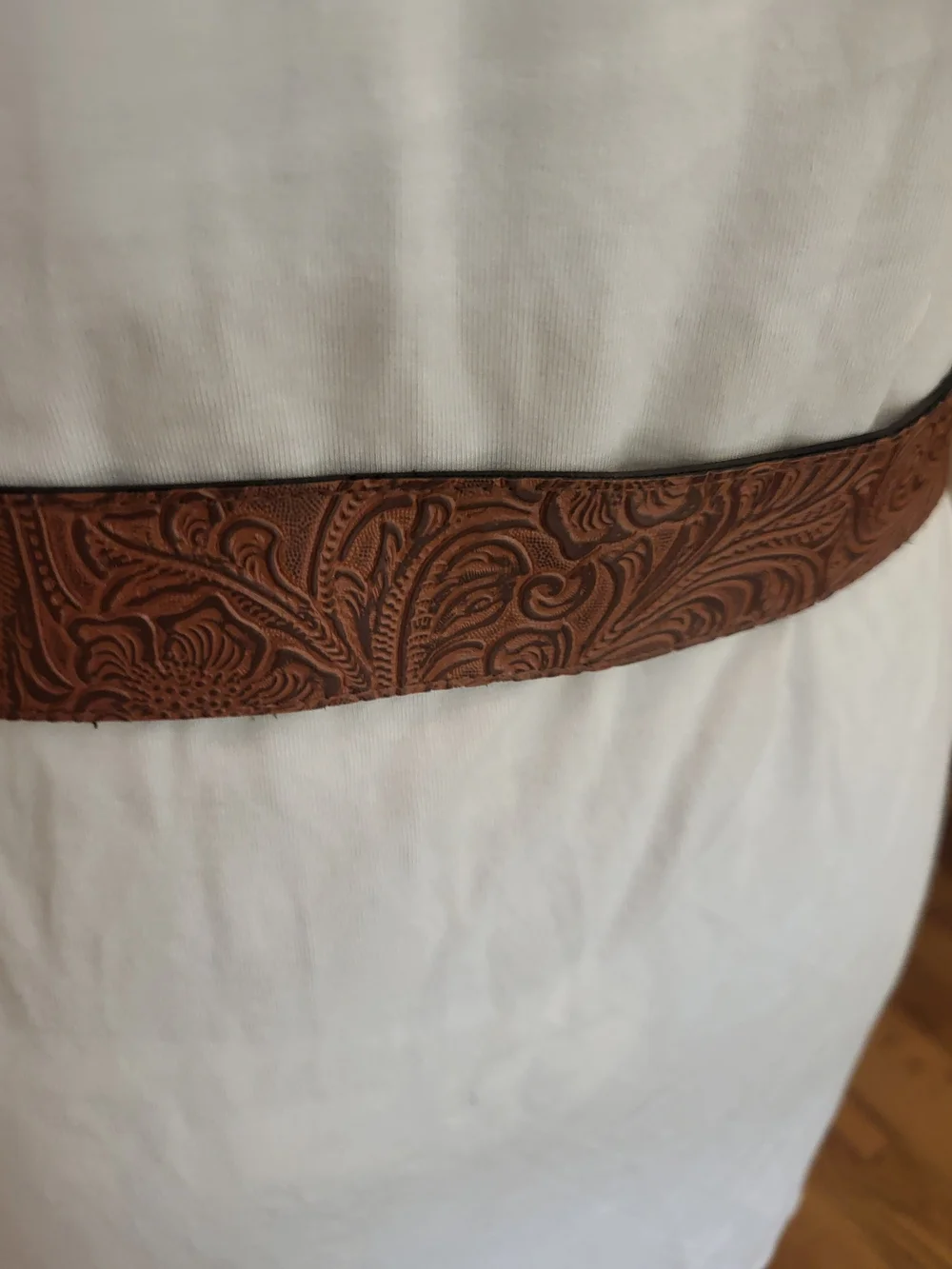 Brown Tooled Faux Leather Belt with Ornate Silver-Tone Rhinestone Buckle